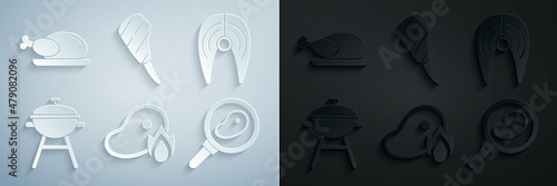 Set Grilled steak meat and fire flame, Fish, Barbecue grill, Steak in frying pan, Rib eye and Roasted turkey or chicken icon. Vector