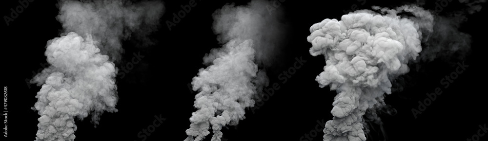 3 white toxic smoke columns from coal power plant on black, isolated - industrial 3D illustration 3 white toxic smoke columns from coal power plant on black, isolated - industrial 3D illustration