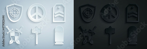 Set Battle hammer, Chevron, Medieval shield with crossed swords, Cartridges, Peace and Target sport icon. Vector