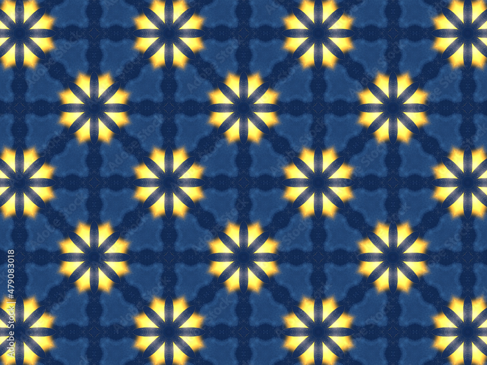 Repeating kaleidoscopic pattern with abstract flowers and light effects. A yellow/navy pattern for surface design. Concept of night and lighting. Concept of the dark and the light. Repeating kaleidoscopic pattern with abstract flowers and light effects. A yellow/navy pattern for surface design. Concept of night and lighting. Concept of the dark and the light.