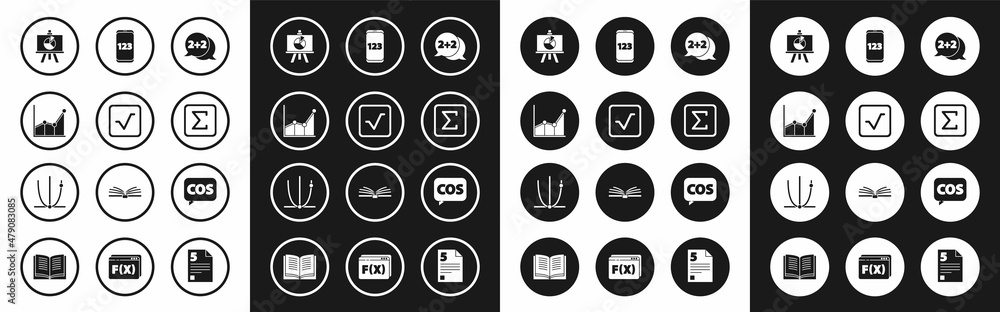Set Equation solution, Square root, Graph, schedule, chart, diagram, Chalkboard with, Sigma symbol, Mobile calculator interface, Mathematics function cosine and icon. Vector Set Equation solution, Square root, Graph, schedule, chart, diagram, Chalkboard with, Sigma symbol, Mobile calculator interface, Mathematics function cosine and icon. Vector