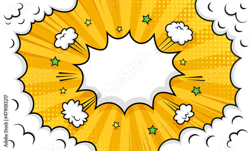 Pop art background with smoke clouds, spech bubble and halftone. Cartoon Superhero banner. Retro yellow poster. Funny sunburst backdrop in comic style. Sky air texture. Vector illustration