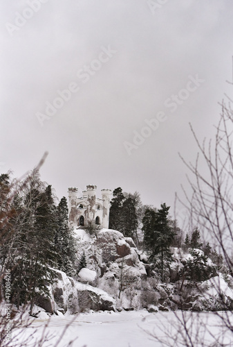 Park Mon Repos or Monrepos in a snowy forest in Vyborg in winter