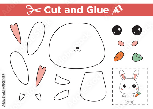 Cut and glue cute bunny with carrot. Educational paper game for children. Easter printable worksheet. Cutout and gluing to create the image. Cute cartoon kawaii rabbit. Vector illustration.