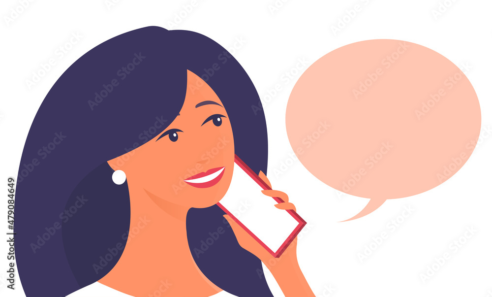 Young beautiful woman talking on the phone. There is a smile on my face. Bubble with place for text. Vector cartoon illustration isolated on white background Young beautiful woman talking on the phone. There is a smile on my face. Bubble with place for text. Vector cartoon illustration isolated on white background