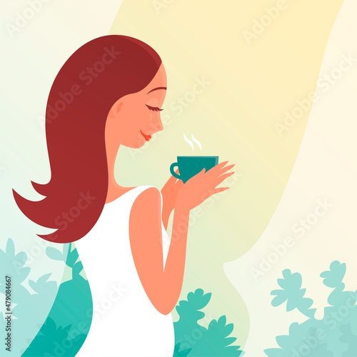Young beautiful girl with a cup of tea. Happy moment. Looks out the open window. Sunny morning. Vector cartoon illustration