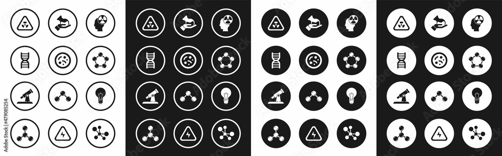 Set Head and radiation symbol, Bacteria, DNA, Triangle with, Molecule, Test tube flask, Light bulb concept of idea and Telescope icon. Vector