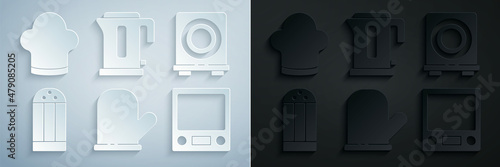 Set Oven glove, Electric stove, Salt, Electronic scales, kettle and Chef hat icon. Vector