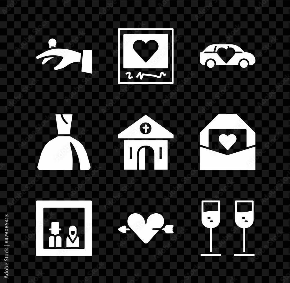 Set Wedding rings on hand, Photo frames hearts, Limousine car, Family photo, Amour with arrow, Glass of champagne, Woman dress and Church building icon. Vector