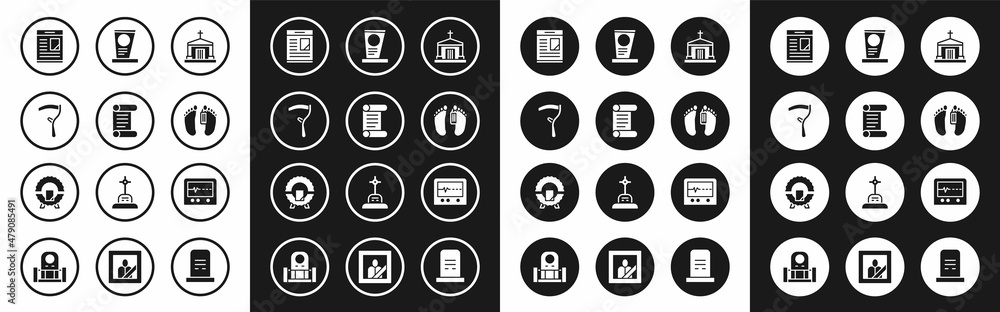 Set Old crypt, Decree, parchment, scroll, Scythe, Obituaries, Dead body, Grave with tombstone, Beat dead in monitor and Memorial wreath icon. Vector Set Old crypt, Decree, parchment, scroll, Scythe, Obituaries, Dead body, Grave with tombstone, Beat dead in monitor and Memorial wreath icon. Vector