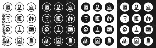 Set Old crypt, Decree, parchment, scroll, Scythe, Obituaries, Dead body, Grave with tombstone, Beat dead in monitor and Memorial wreath icon. Vector