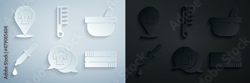Set Massage, Mortar and pestle, Pipette, Towel stack, Hairbrush and icon. Vector