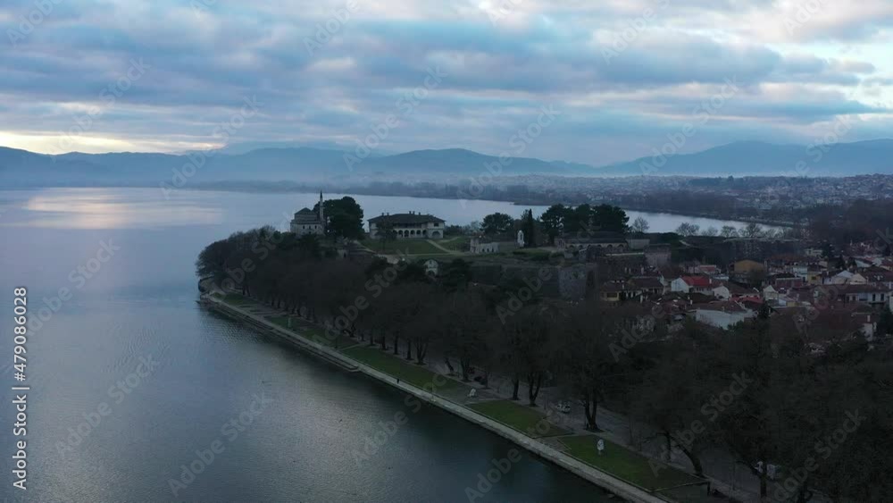 Aerial view of Ioannina city in Greece, Aslan Pasha Tzami, the lake with the island of Kyra Frosini or nissaki. Aerial view of Ioannina city in Greece, Aslan Pasha Tzami, the lake with the island of Kyra Frosini or nissaki.