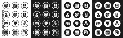 Set Financial book, Bull and bear of stock market, Trader, Bitcoin, Business finance report, Blockchain technology and Identification badge icon. Vector