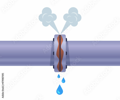 rusty pipe leaks and releases steam. flat vector illustration