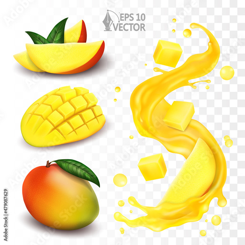 Mango fresh fruit and slices with splash, realistic mango juice, transparent drops, 3d realistic vector illustration