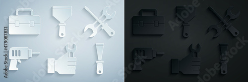 Set Wrench spanner, Screwdriver and wrench, Electric drill machine, Putty knife, and Toolbox icon. Vector