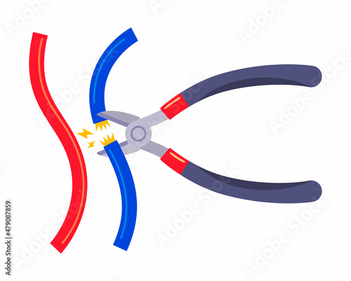clear the bomb by cutting the wire. repair the wiring with pliers. flat vector illustration.