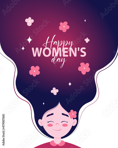 Colorful greeting card design with illustration of a young girl for Happy Women s Day celebration. Vector card in a flat style for March 8  a girl with long hair decorated with flowers