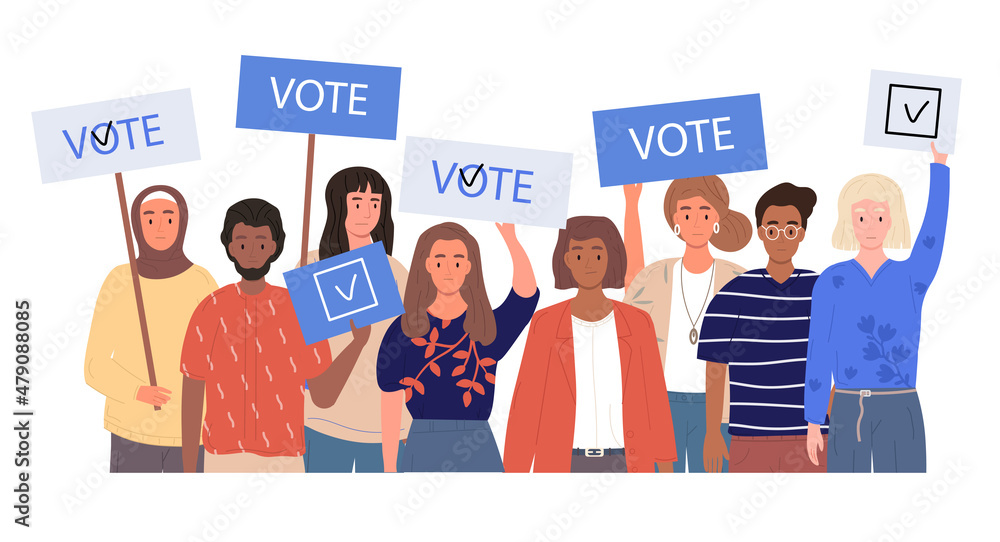 Obraz premium Political election concept. Group of different people with posters calling for voting. Choice of candidate for post of president. Men and women choose government. Cartoon flat vector illustration