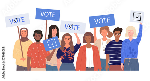 Political election concept. Group of different people with posters calling for voting. Choice of candidate for post of president. Men and women choose government. Cartoon flat vector illustration