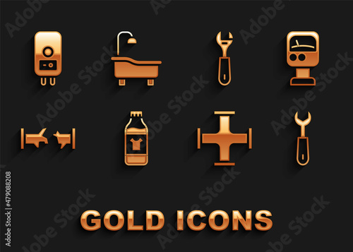 Set Bottle for cleaning agent, Pressure water meter, Wrench spanner, Industry metallic pipe, Broken, Electric boiler and Bathtub icon. Vector