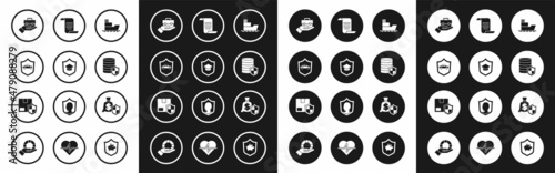 Set Ship, Graduation cap with shield, Car, Hand holding briefcase, Money, Document, and Delivery security icon. Vector