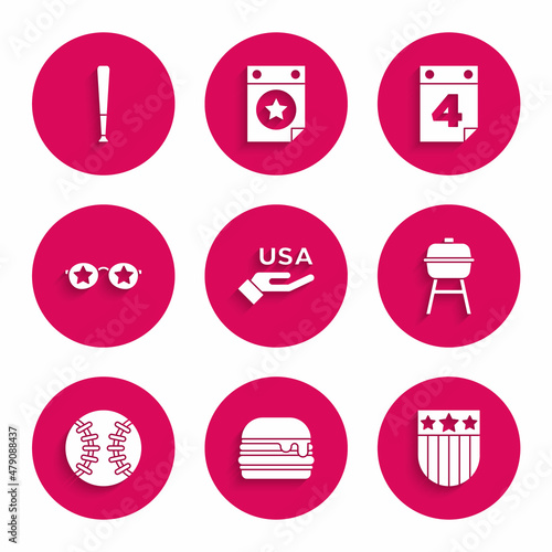 Set USA Independence day, Burger, Shield with stars, Barbecue grill, Baseball ball, Glasses, Calendar date July 4 and bat icon. Vector