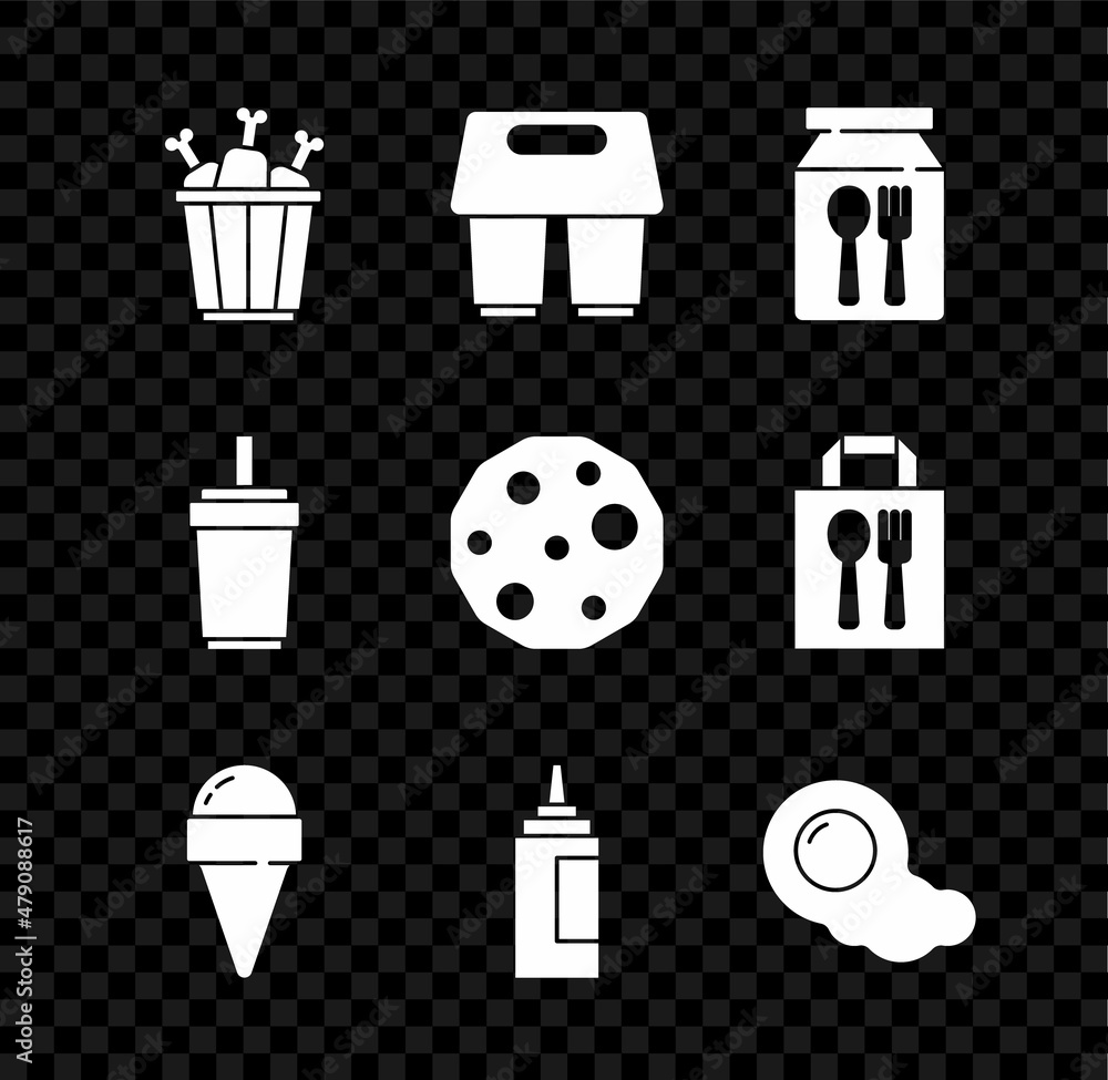 Set Chicken Leg In Package Box Coffee Cup To Go Online Ordering And Delivery Ice Cream Waffle Cone Sauce Bottle Scrambled Eggs Paper Glass With Straw And Cookie Biscuit Icon Vector Stock