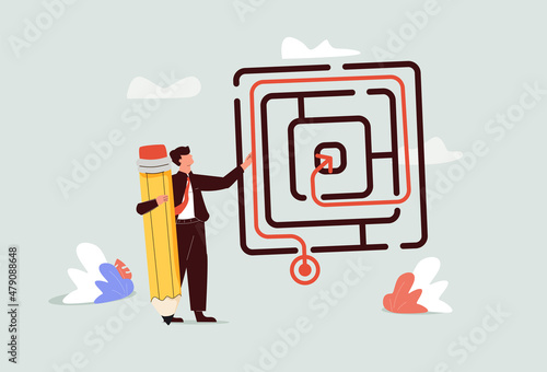 Solution solving business problem, skill and intelligence to overcome difficulty, challenge for leadership concept, smart businessman draw the line showing solution to solve labyrinth maze problem.