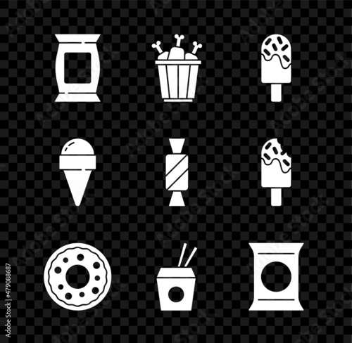 Set Bag or packet potato chips, Chicken leg in package box, Ice cream, Donut, Asian noodles and chopsticks, waffle cone and Candy icon. Vector