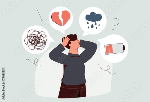 Sad man who suffers from mental health illness is sitting on the floor. Boy surrounded by symptoms of depression disorder: anxiety, crisis, tears, exhaustion, loss, overworked, tired. Vector