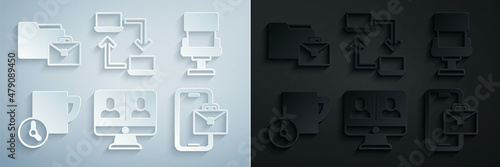 Set Video chat conference, Office chair, Time management, Freelancer, Online working and icon. Vector