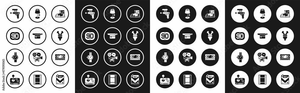 Set Sport sneakers, Waist bag of banana, 90s Retro, Ray gun, Swimsuit, Floor lamp, VHS video cassette tape and Wrist watch icon. Vector