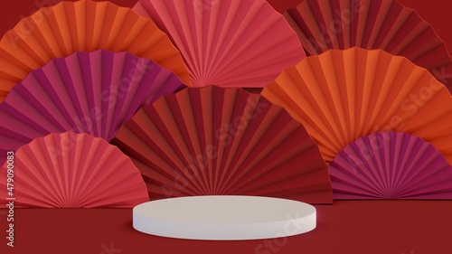 Abstract minimal scene red color design for cosmetic or product display podium 3d render. Chinese new year  podium display mockup on red abstract background with hand paper fan. 3d rendered image.