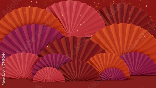 Abstract minimal scene red color design for cosmetic or product display podium 3d render. Chinese new year  podium display mockup on red abstract background with hand paper fan. 3d rendered image.