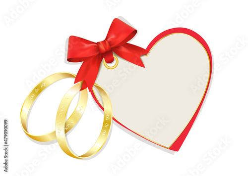 Goldene Ringe mit Schleife und mit blanko Liebes Herz Kärtchen,
Ringe mit Liebesbotschaft eingraviert,
Vektor illustration isoliert auf weißem Hintergrund
