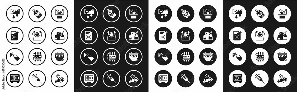 Set Broken window, Thief surrendering hands up, Canister fuel, Bloody money, Murder, Whiskey bottle, Bandit and Cocktail molotov icon. Vector