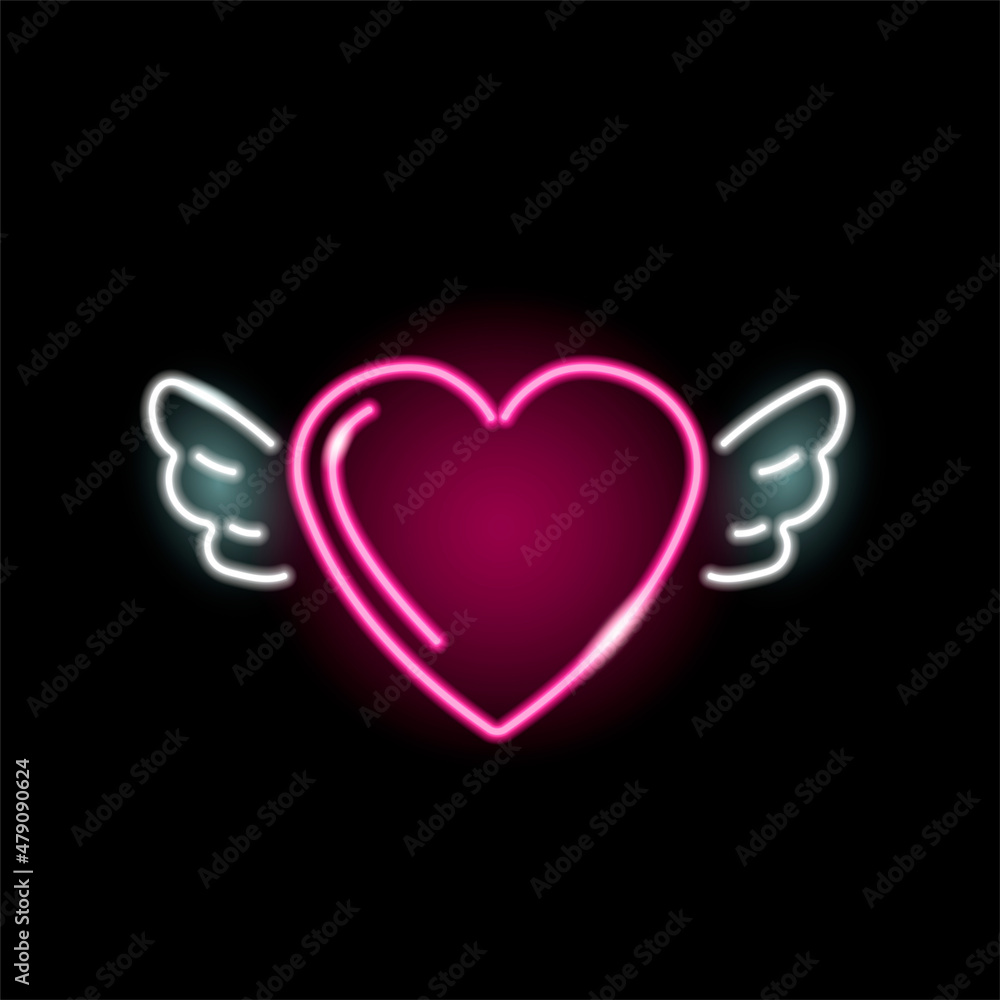 Neon icon of heart with wings isolated on black background. Love, wedding, St. Valentine Day concept. Vector 10 EPS illustration. Neon icon of heart with wings isolated on black background. Love, wedding, St. Valentine Day concept. Vector 10 EPS illustration.
