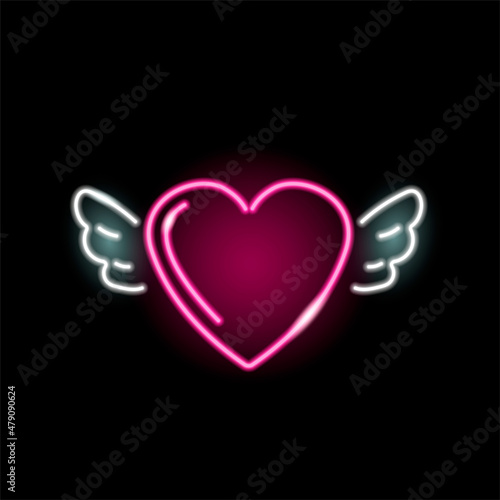 Neon icon of heart with wings isolated on black background. Love, wedding, St. Valentine Day concept. Vector 10 EPS illustration.