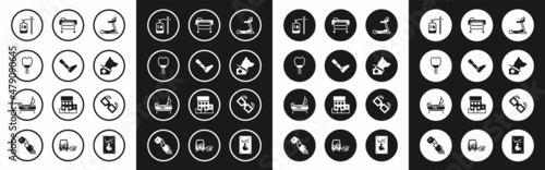 Set Treadmill machine, Prosthesis leg, Dental implant, IV bag, Guide dog, Stretcher, Eyeglasses and Patient with broken icon. Vector