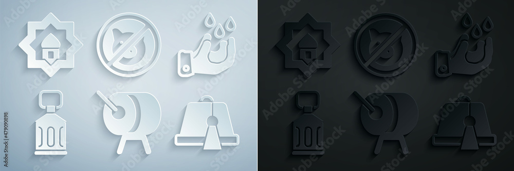 Set Ramadan drum, Wudhu, Kareem lantern, Turkish hat, No pig and Muslim Mosque icon. Vector Set Ramadan drum, Wudhu, Kareem lantern, Turkish hat, No pig and Muslim Mosque icon. Vector