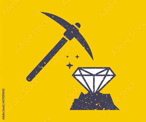 black icon of diamond mining with a pickaxe. flat vector illustration.