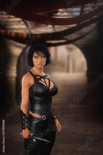 Canvas Print A gorgeous young woman fantasy ninja assassin character  standing in a dusty arabian street
