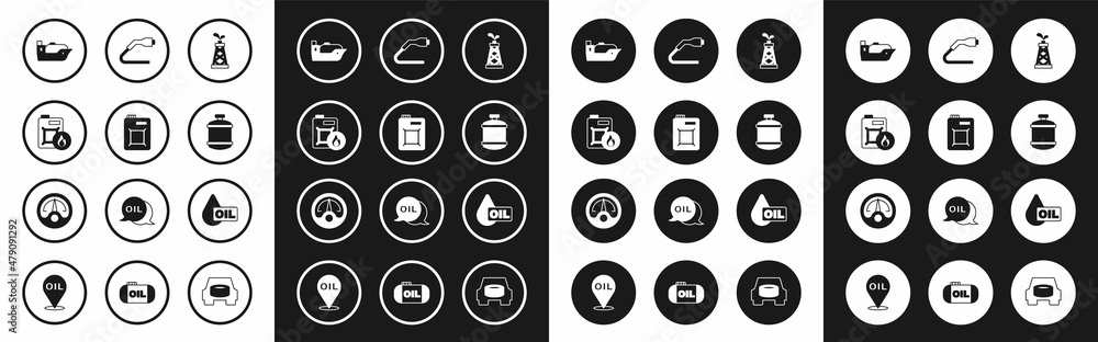 Set Oil rig, Canister for motor oil, tanker ship, Propane gas, Electrical cable plug charging, drop and Motor gauge icon. Vector