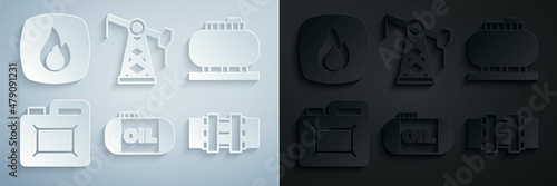 Set Oil tank storage, Canister for motor oil, Metallic pipes and valve, pump pump jack and Fire flame icon. Vector