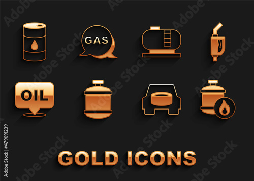 Set Propane gas tank, Gasoline pump nozzle, Spare wheel the car, Word oil, Oil storage, Barrel and Location and station icon. Vector