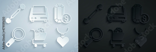 Set Jewelry online shopping, Magnifying glass, Necklace with heart shaped pendant, Electronic jewelry scales and Piercing icon. Vector