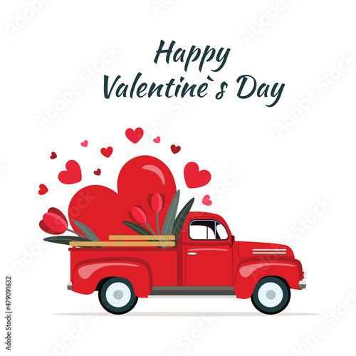 Red retro truck. Valentines Day Truck. Vintage pickup delivers hearts and tulips. Vector template for Valentine’s Day greeting card, banner, poster, flyer, etc.