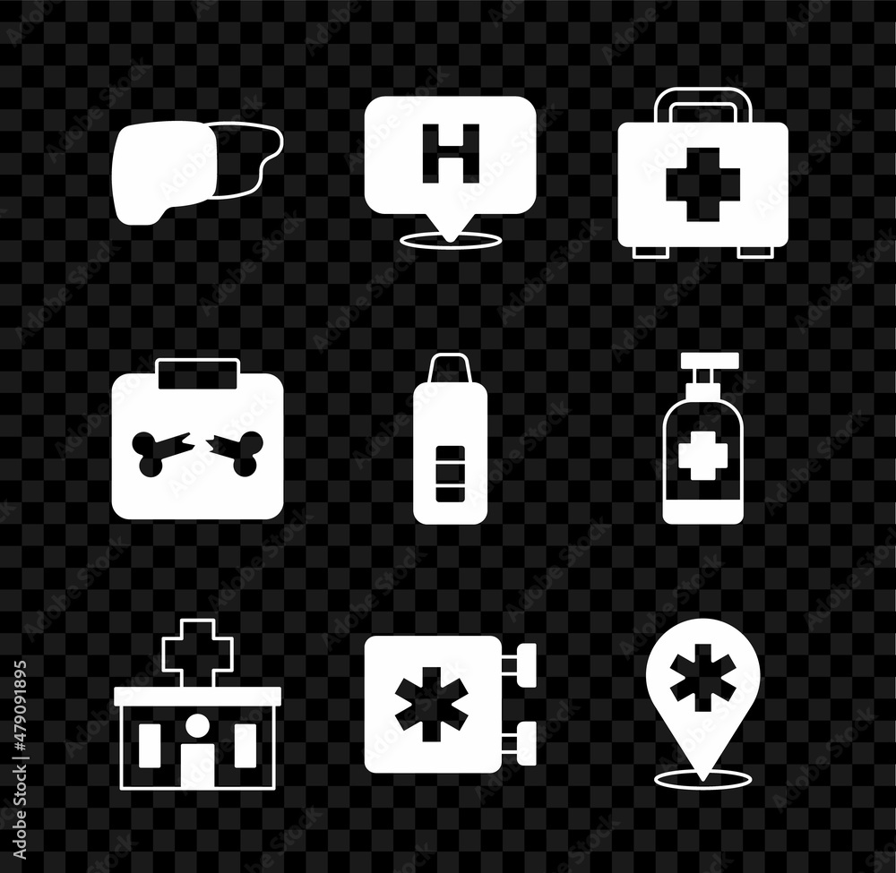 Set Human organ liver, Location hospital, First aid kit, Hospital building, Emergency - Star of Life, X-ray shots with broken bone and Digital thermometer icon. Vector Set Human organ liver, Location hospital, First aid kit, Hospital building, Emergency - Star of Life, X-ray shots with broken bone and Digital thermometer icon. Vector
